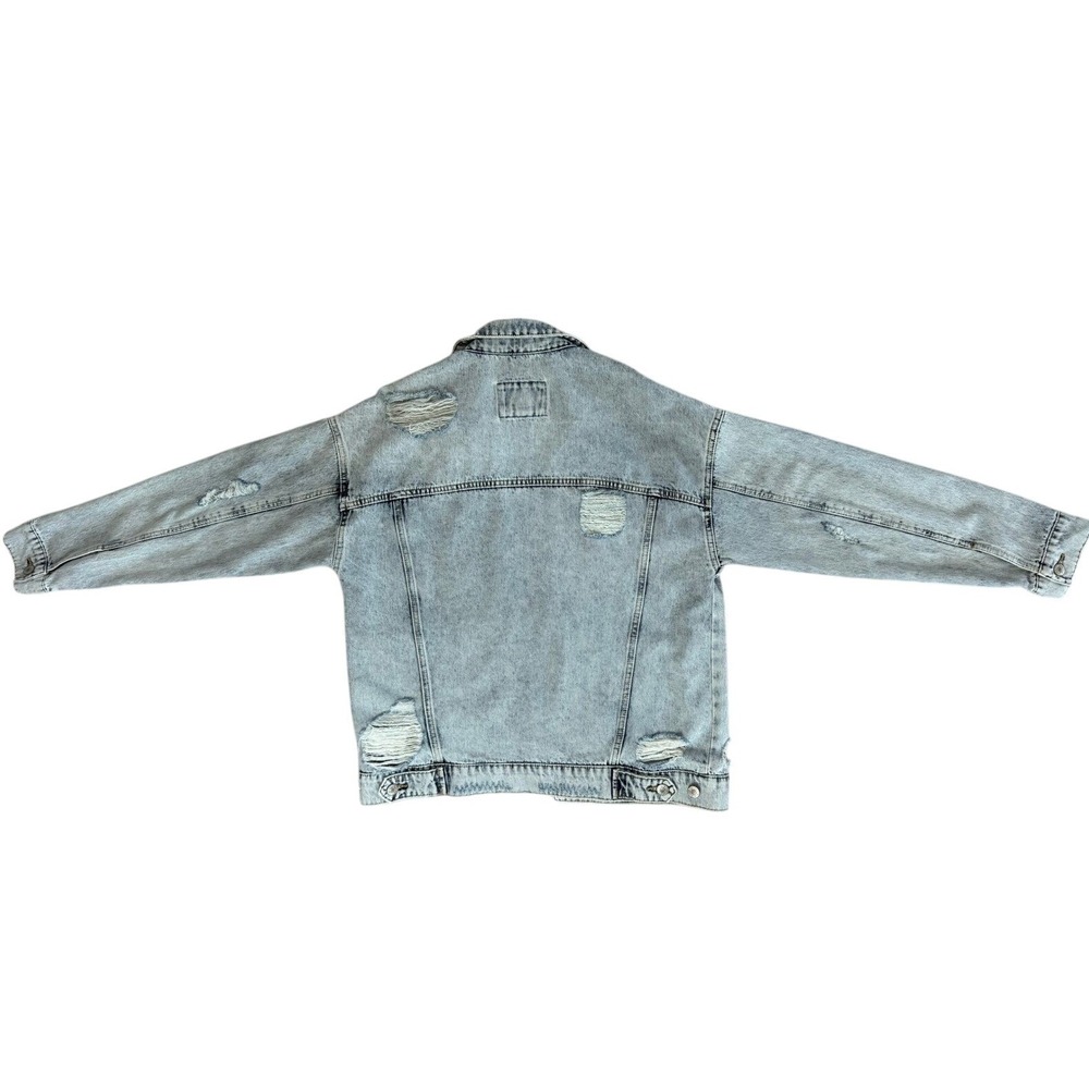 Forever 21 Distressed Denim Jacket Light Wash Oversized Jean Trucker Small - Picture 8 of 10